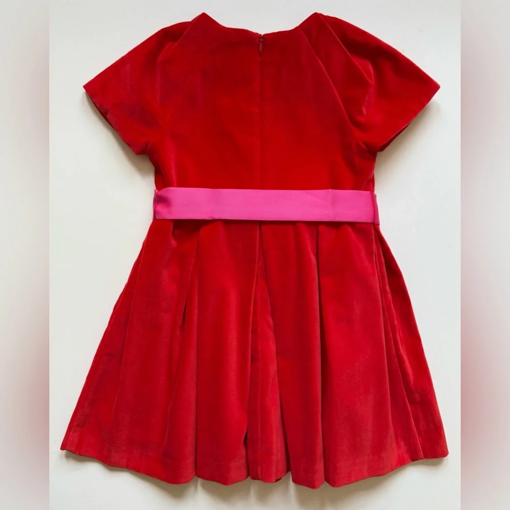 Jacadi Girls Philippine Dark Orange Pleated Velvet Holiday Dress w/ Pink Bow